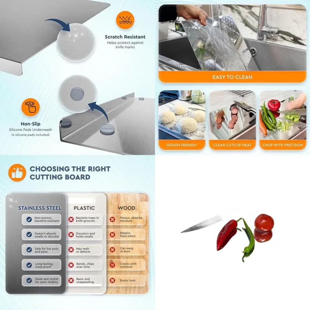 Stainless steel kitchen cutter with edge, ideal for meat, fruit, vegetables, bread and cooking, 24x16 inches