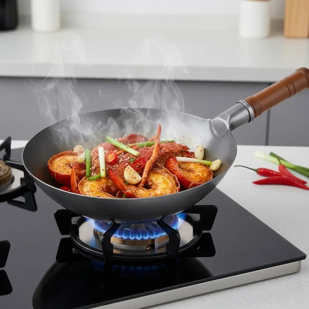 Wok in Ferro Battuto Senza Rivestimento, Fondo Rotondo 30CM, Wok Tradizionale Cinese, Padella Universale Antiaderente Resistente ai Graffi