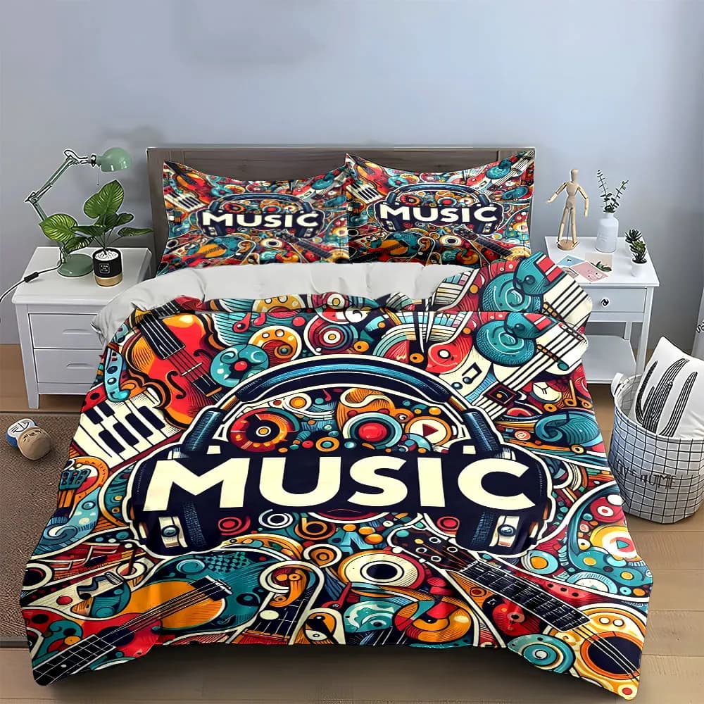 Music Themed Decorative Art Set Bedding Set with 1 Duvet Cover 2 Pillowcases Single Double King Queen, Gift