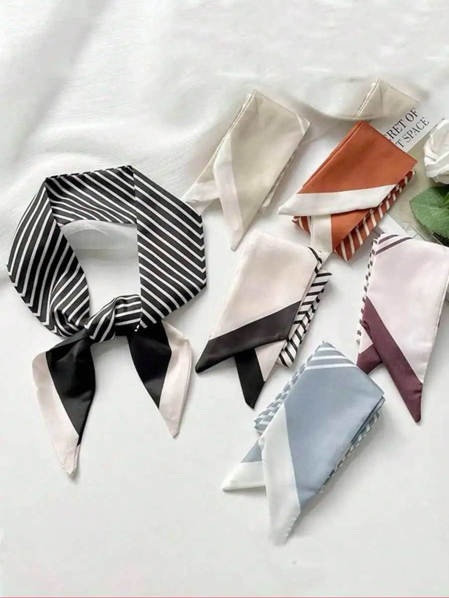 4pcs Set Women Silk Scarf Headband Geometric Striped Pattern Versatile Hair Accessory For Daily Vacation
