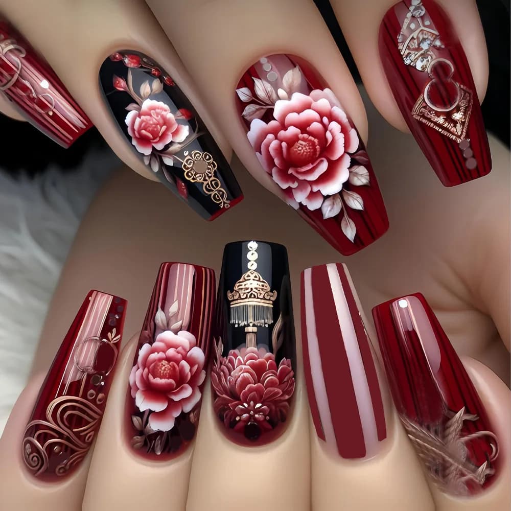 24 pezzi bara rossa unghie finte arte stampa su unghie da balletto di media lunghezza fiore copertura completa punte per unghie set di unghie finte moda caricabili