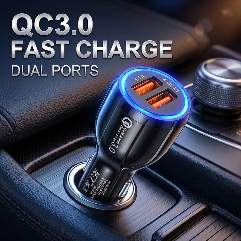Caricatore per auto doppio USB QC 3.0 3.1A Adattatore di alimentazione a ricarica rapida universale per smartphone, tablet, fotocamera, presa multiporta per veicoli