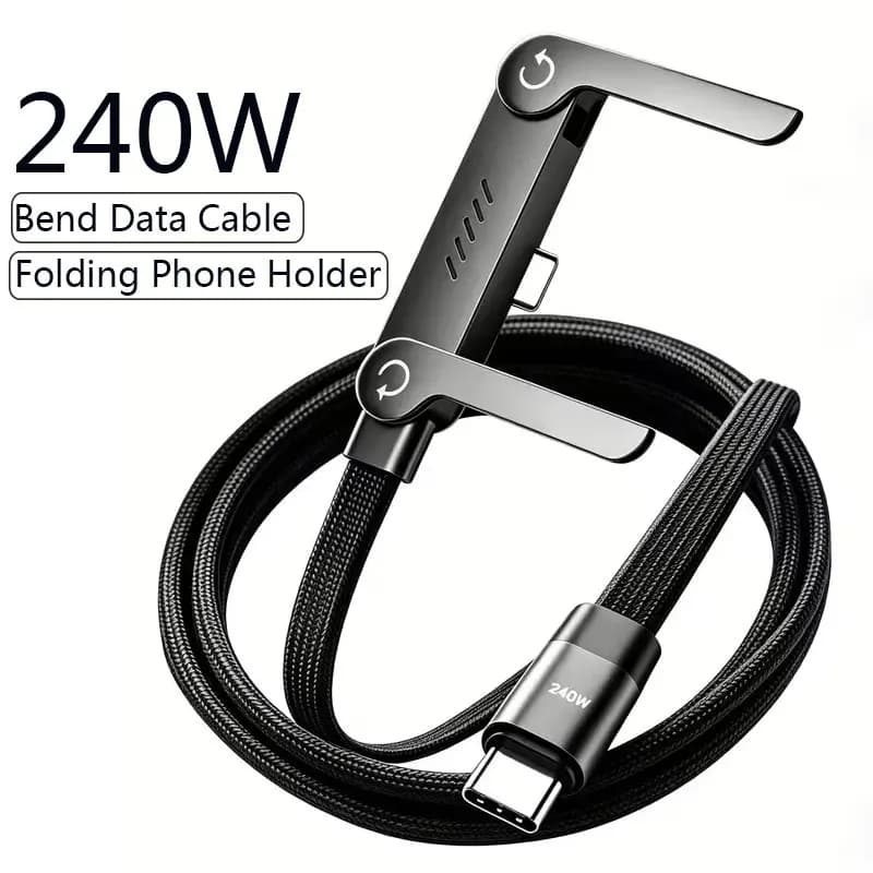 240W PD Fast Charging Type C to Type C Cable USB A to Type C Cable with Foldable Stand Phone Holder for iPhone Xiaomi HUAWEI