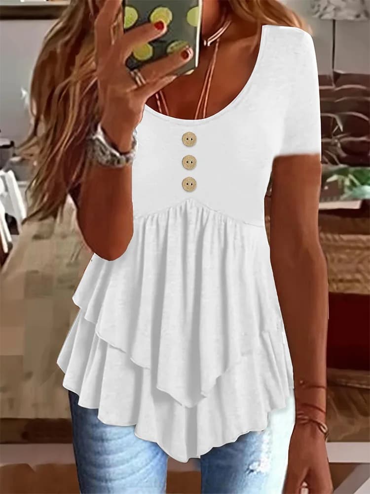 Top irregolare a doppio strato T-shirt da donna girocollo con bottoni a maniche corte Elegante camicetta estiva in tinta unita