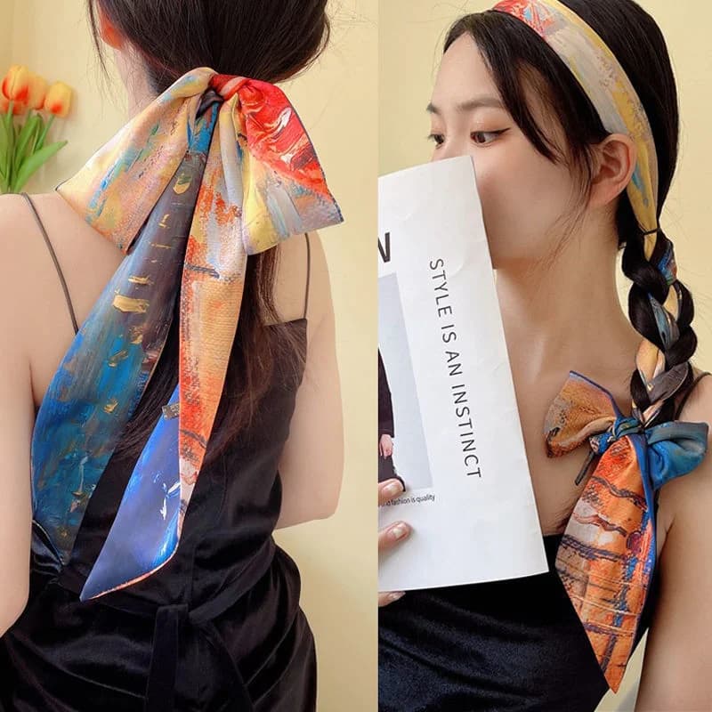 Hair tie with long silk ribbon again style. Vintage Style Printed Long Hair Band for Adults with Adjustable Strap