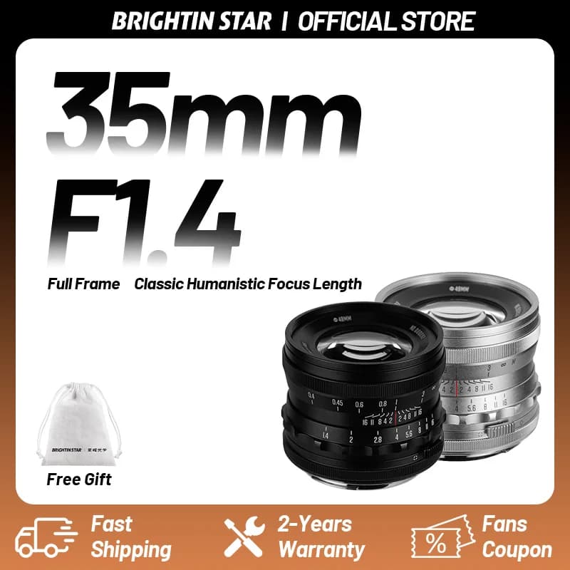 Brightin Star 35mm F1.4 Full Frame Fire Manual (MF) for Mirrorless Cameras Sony E ZVE10 A6400 Nikon Z Canon RF Leica LUMIX SIGMA L