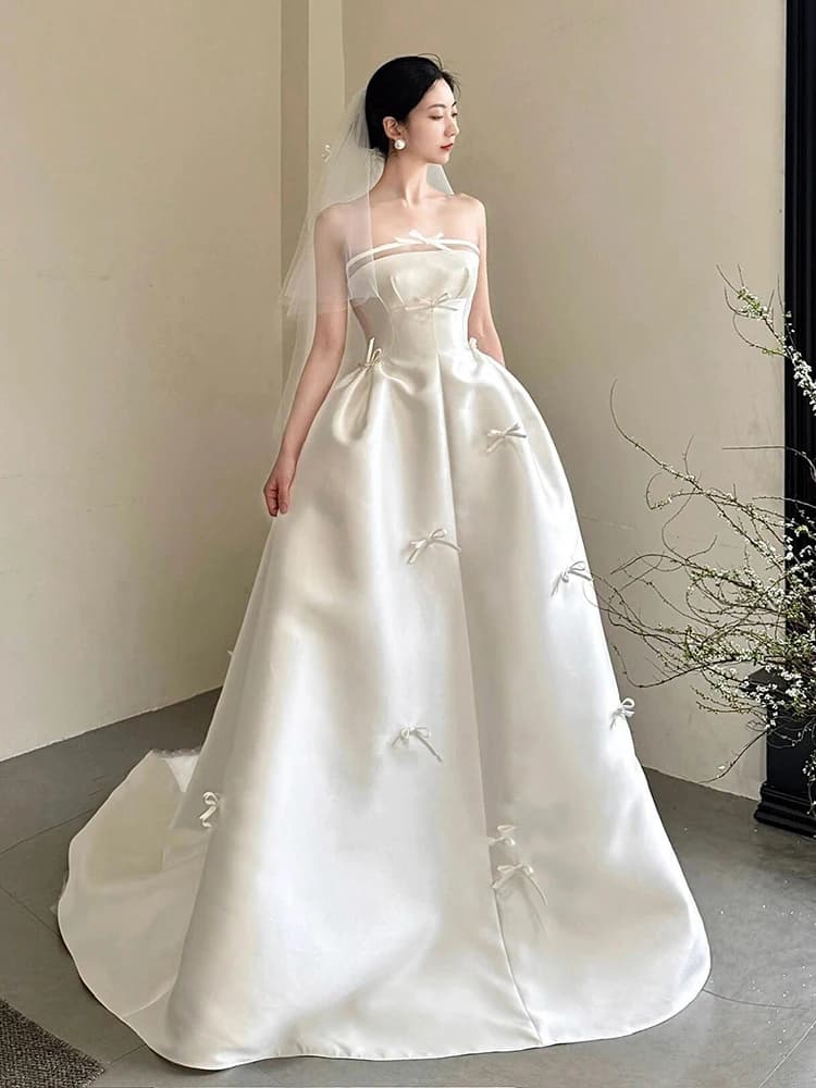 Abito da Sposa in Raso di Seta Leggero, Semplice ed Elegante, con Sopragonna, per Cerimonia all'Aperto, Gonna a Trapezio, Abito da Sera Lungo