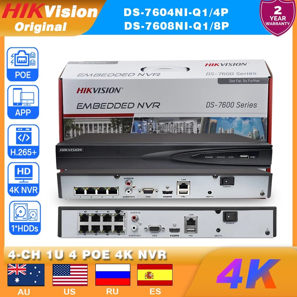 Videoregistratore di rete Hikvision 4CH 4POE DS-7604NI-Q1/4P&DS-7608NI-Q1/8P 8CH 8POE NVR 8MP H.265+ MD2.0 Sorveglianza di sicurezza