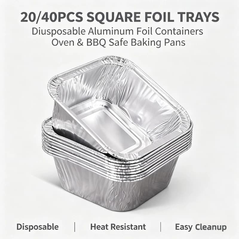 20/40Pcs Square Disposable Aluminum Foil Trays Food Storage Containers Baking Pans for Oven BBQ Kitchen Outdoor Cooking