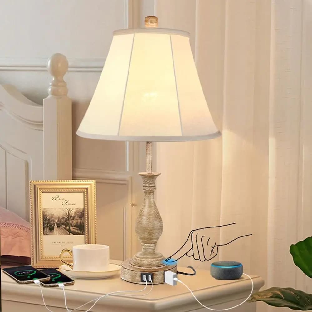 Table lamp Farm Style with Touch Control, Dimmable at 3 Levels, Modern Bedside lamp with 2 USB ports for Living room