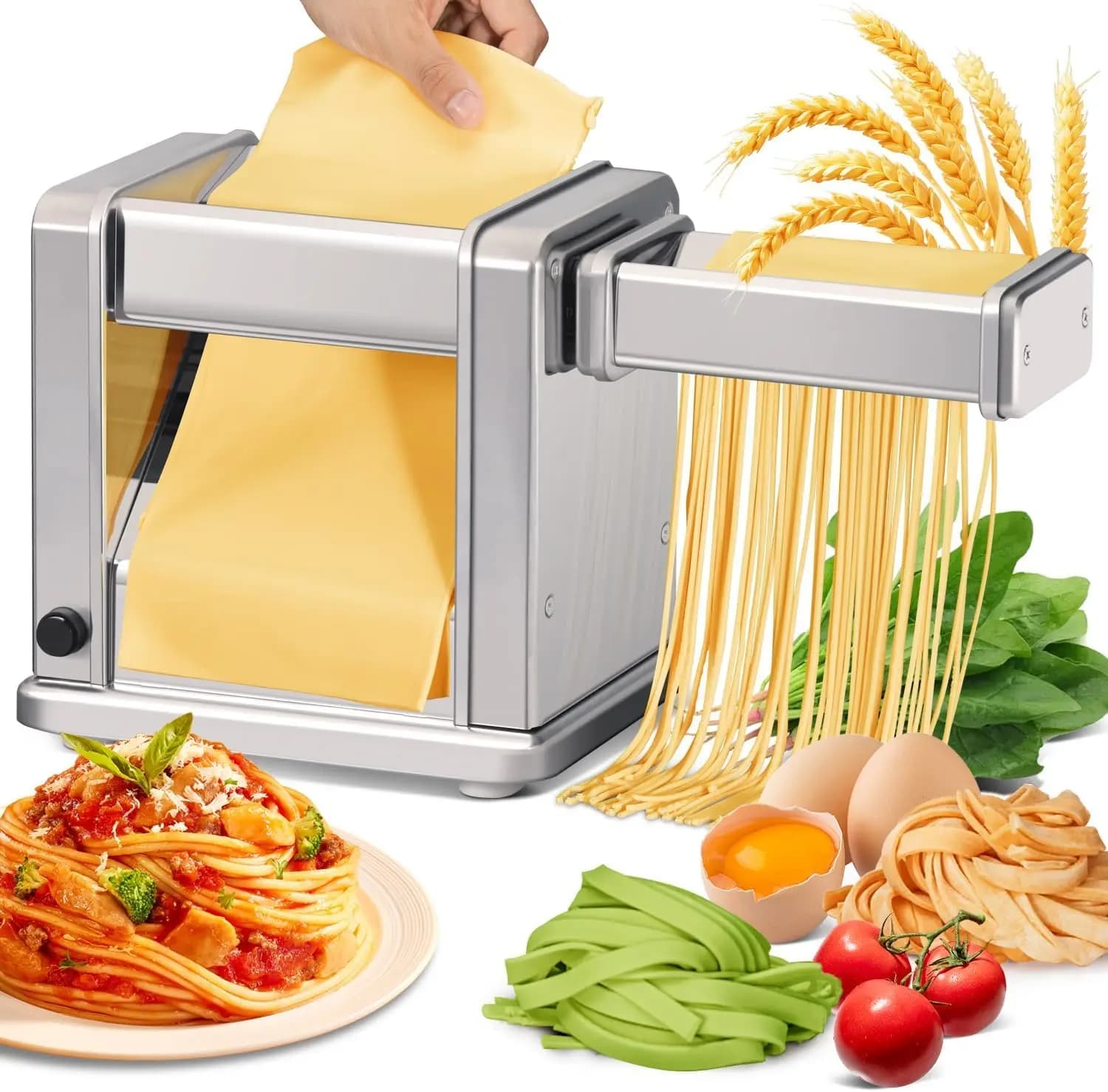 Macchina Automatica per Pasta in Acciaio Inox con Rullo Regolabile per Spaghetti, Fettuccine, Lasagne e Croste per Torte Fatte in Casa