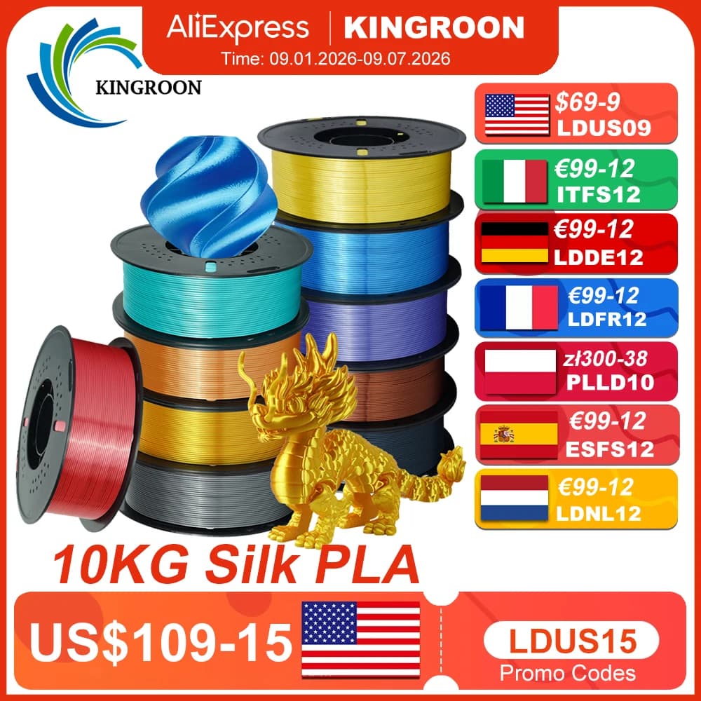 KINGROON 10KG Silk PLA Filament Mix-color Set 1.75mm Clog-Free Shiny Special Color 3D Printer Filament,1kg Spool Fit Most Printe