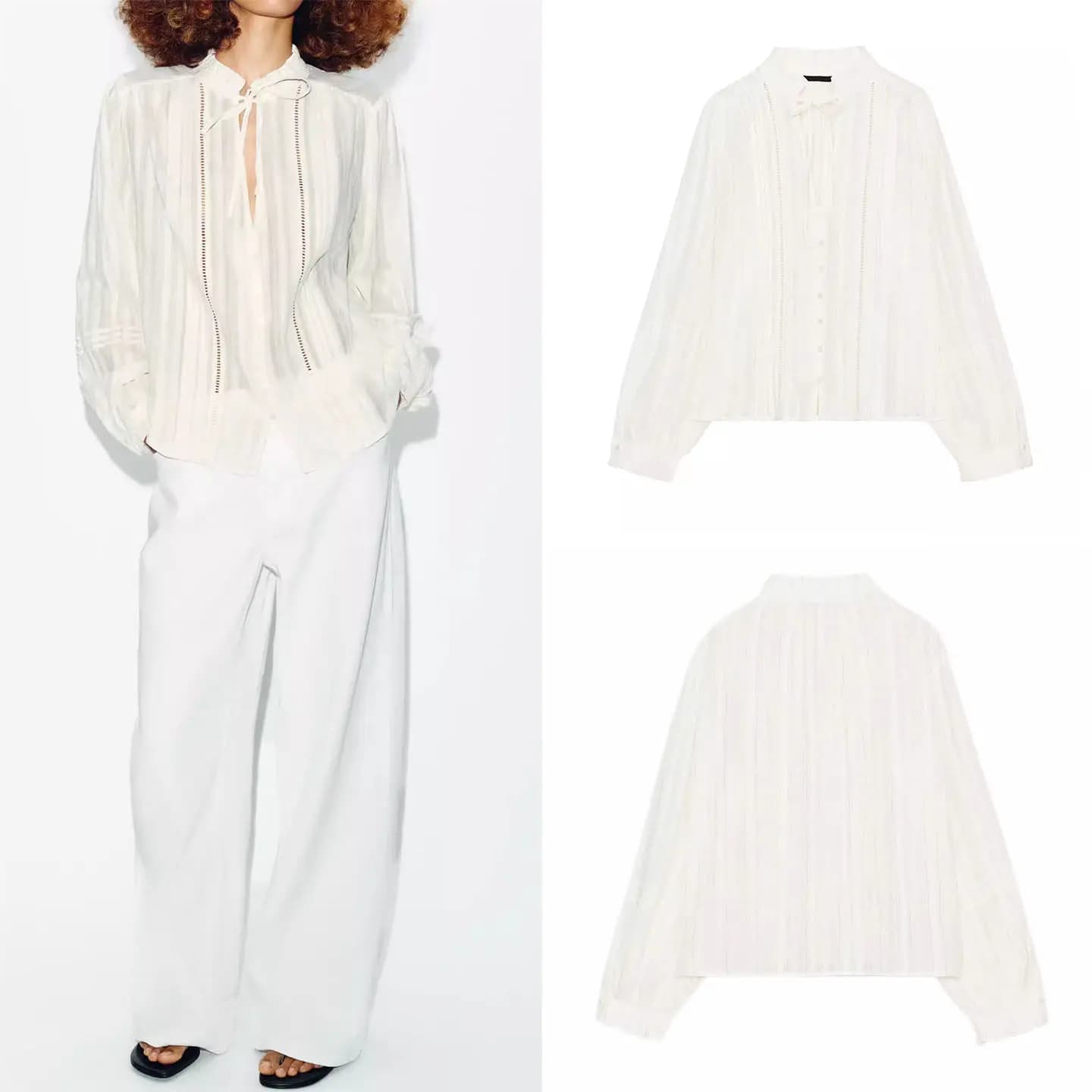 Romantic Long Sleeve V-Neck Women's Shirt Spring 2026 Fashion Vertical Lace Trim Knot European Style Ladies Blouse