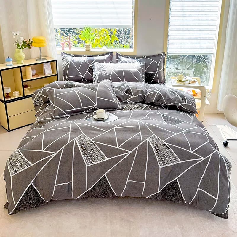 Set di biancheria da letto con linee geometriche grigie, 4 pezzi, biancheria da letto morbida e traspirante con copripiumino, federe e lenzuolo, misura Full/Queen/King