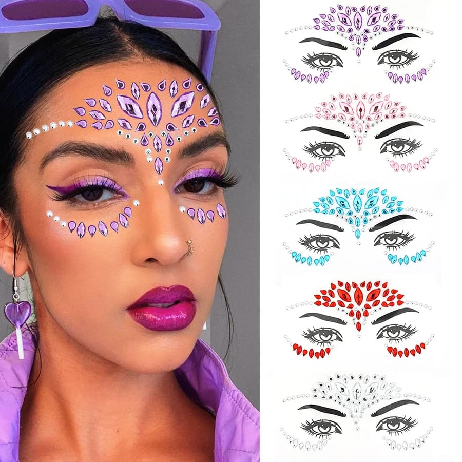 5Pcs/Set Diamond Face Stickers Crystal Stickers for Face Performance Party Masquerade Beer Festival Makeup Accessories Glue-Free Decorative Stickers