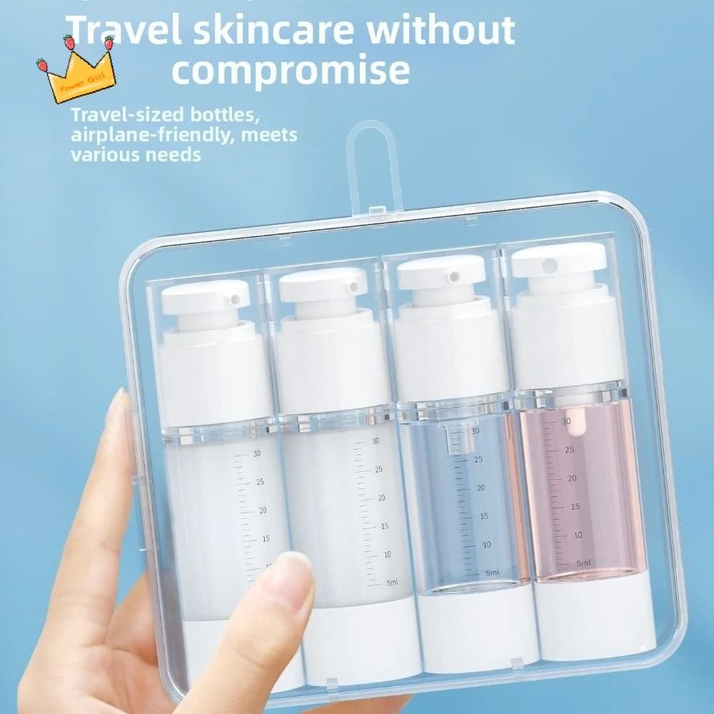 Set di Bottiglie da Viaggio Trasparenti Ricaricabili, Antigoccia, Riutilizzabili con Pompa a Pressione Sottovuoto, Portatili con Scatola di Conservazione