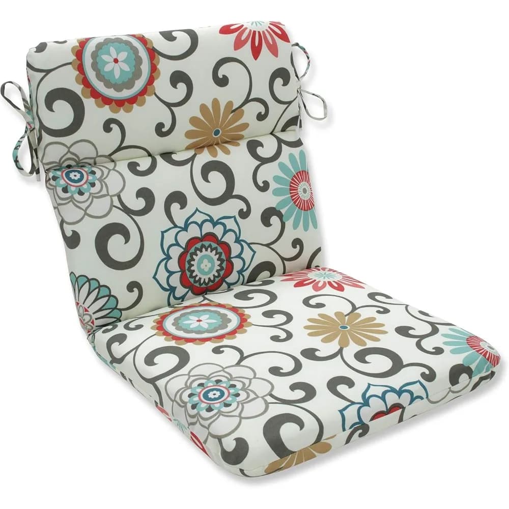Floral Split Back Chair Cushion Set, 1 Piece, Outdoor-Friendly, Blue/Brown Pom Pom Accents