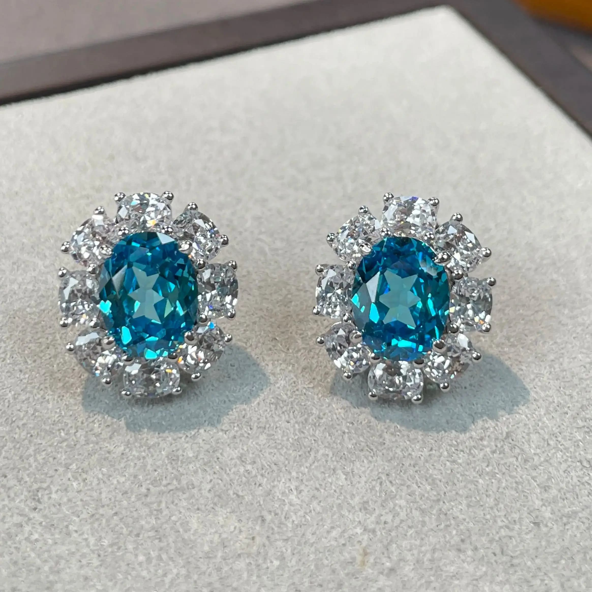 Classic Lab Aquamarine Earrings with 925 Sterling Silver For Women Fine Jewelry Wholesale