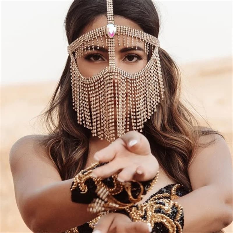 2022 di lusso AB pietre preziose colorate maschera con frange lunghe signore sexy maschera di danza del ventre mascherata strass viso accessori gioielli