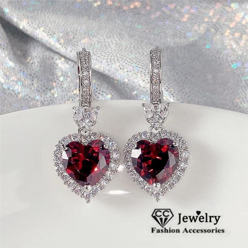 Orecchini pendenti a forma di cuore per donna, con zirconi cubici rossi, Brincos Love, gioielli raffinati, accessori da sposa per fidanzamento e matrimonio CCT-03