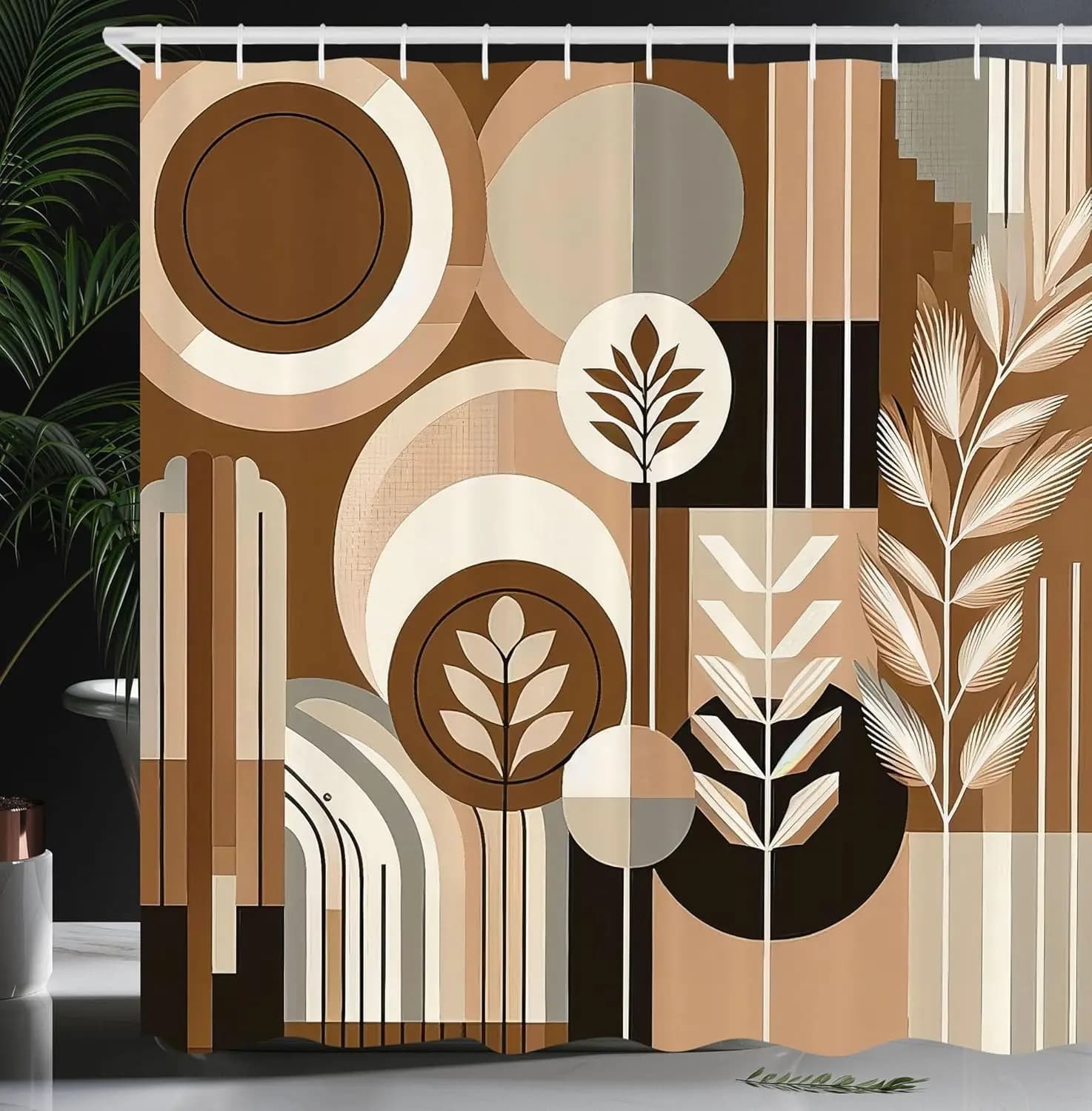 Tenda da doccia Ambesonne Monstera, Boho Abstract Mid Century Style Imagination Adventure Coffee and Earth, Bagno in tessuto di stoffa