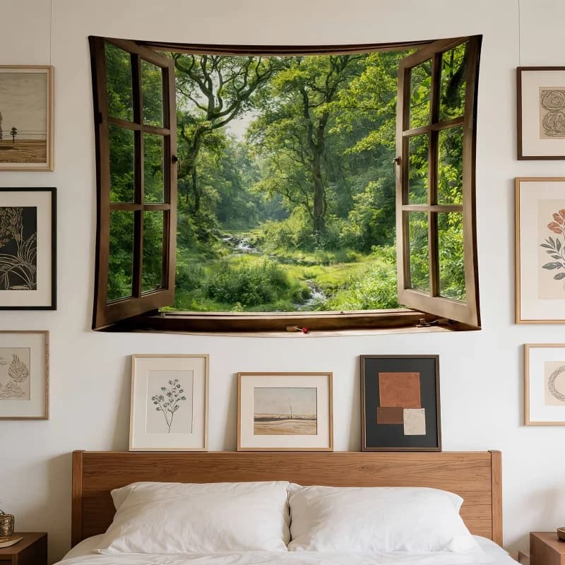 Modern Minimalist Forest Window Tapestry Home, Dormitory, Bedroom Polyester Fiber Wall Hanging Home Decoration