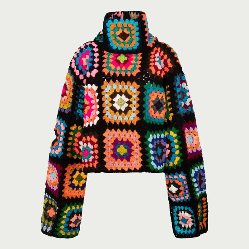 Maglioni colorati all'uncinetto con motivo Granny Square, cardigan carino a collo alto, cappotto con cuciture a punto afghano, abbigliamento patchwork colorato per donna