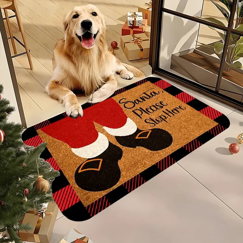 Holiday Xmas Floor Mat Funny Santa Boots Design with Classic Buffalo Plaid Festive Graphic Decor Rug for Home Entryway