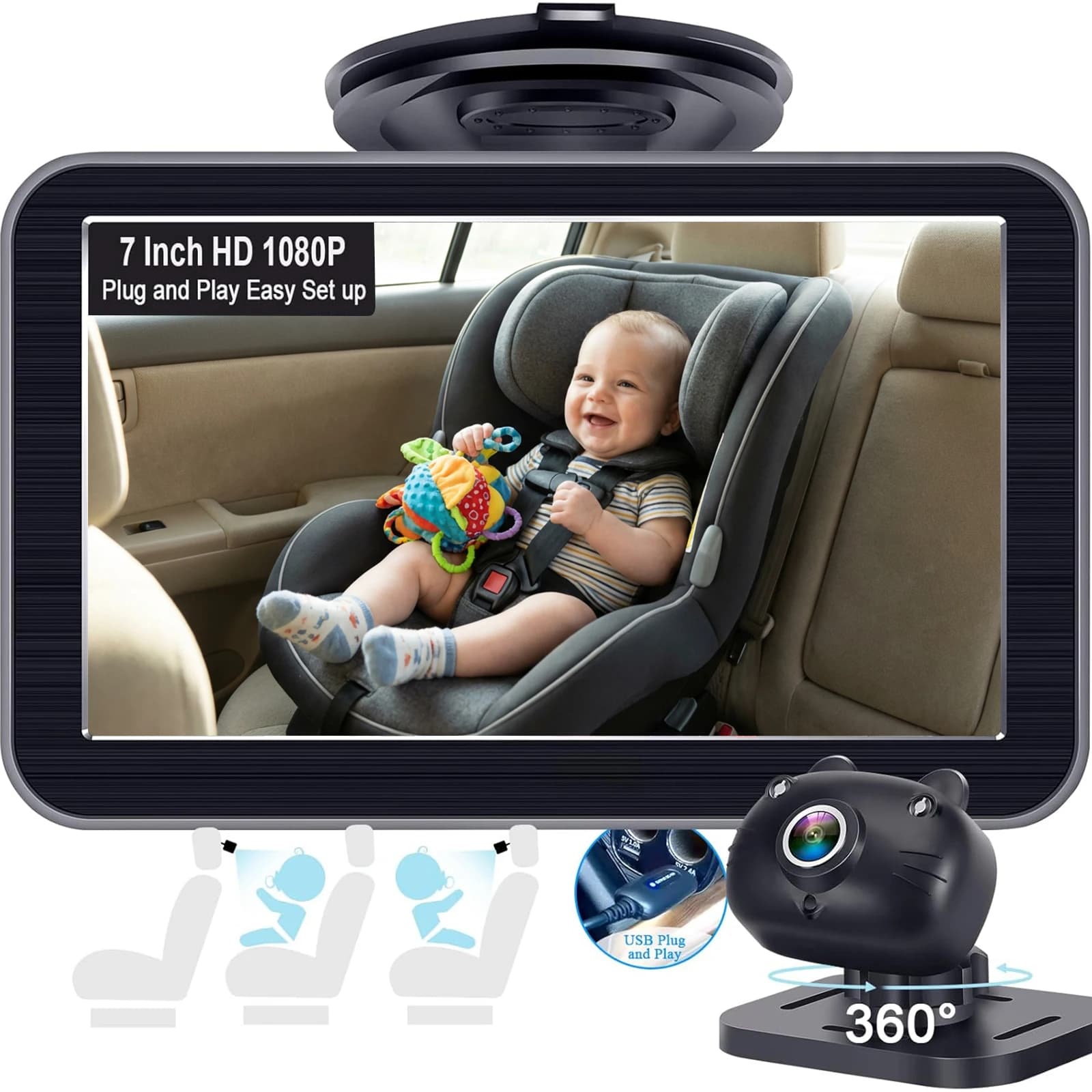 7-inch HD Large Screen Car Baby Monitor Night Vision Camera Rear Board Clear Image Quality Clock for Vehicle Safety Blind Spot Detection