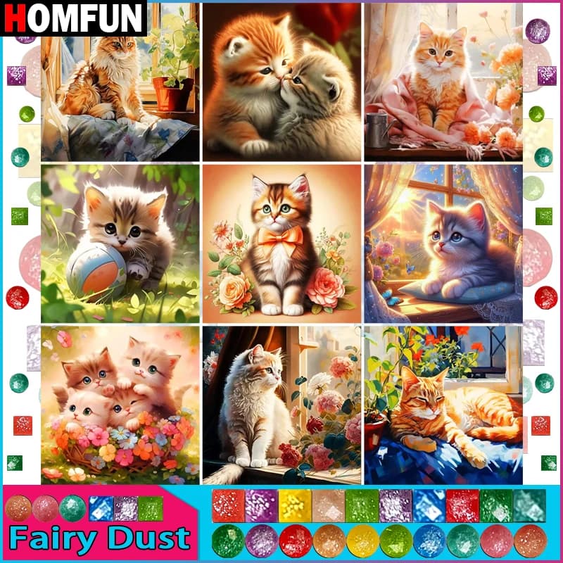 HOMFUN Fairy Dust Diamond Embroidery DIY Diamond Painting Kit "Animal Cat Flower" 5D Needlework Diamond Home Decoration