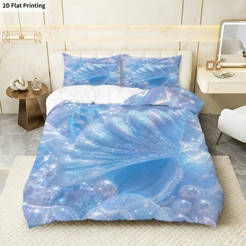 2D Flat Printing 3PCS Duvet Cover, 1 Duvet Cover + 2 Pillowcases (Without Filler), Shell Pearl Dream Fantasy Theme