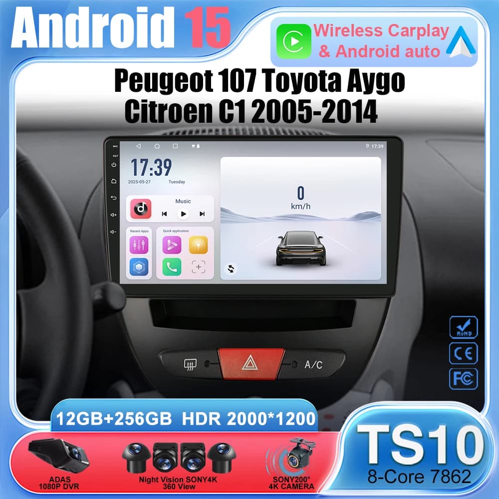 Android 15 Per Peugeot 107 Toyota Aygo Citroen C1 2005-2014 Autoradio 2Din Lettore Video Multimediale Carplay Auto Stereo unità principale