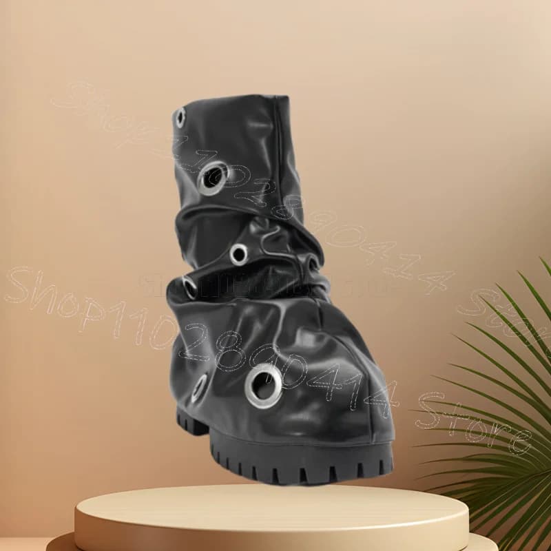 Cerchio di metallo Nero Design pieghettato Stivali con plateau Slip On Scarpe da donna Tacchi alti robusti Nuova festa Incontri 2025 Zapatos Para Mujere