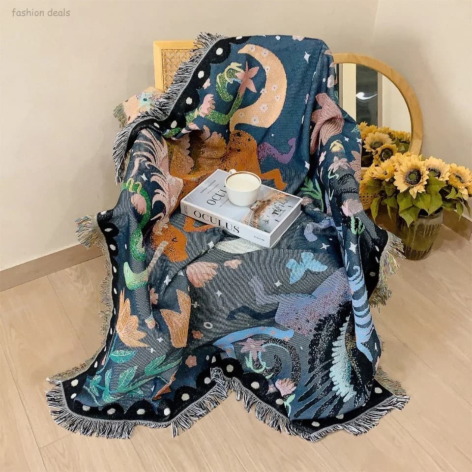 Coperta magica con unicorno e nappe, in misto poliestere e cotone, copridivano, protezione per mobili, coperta da viaggio per esterni