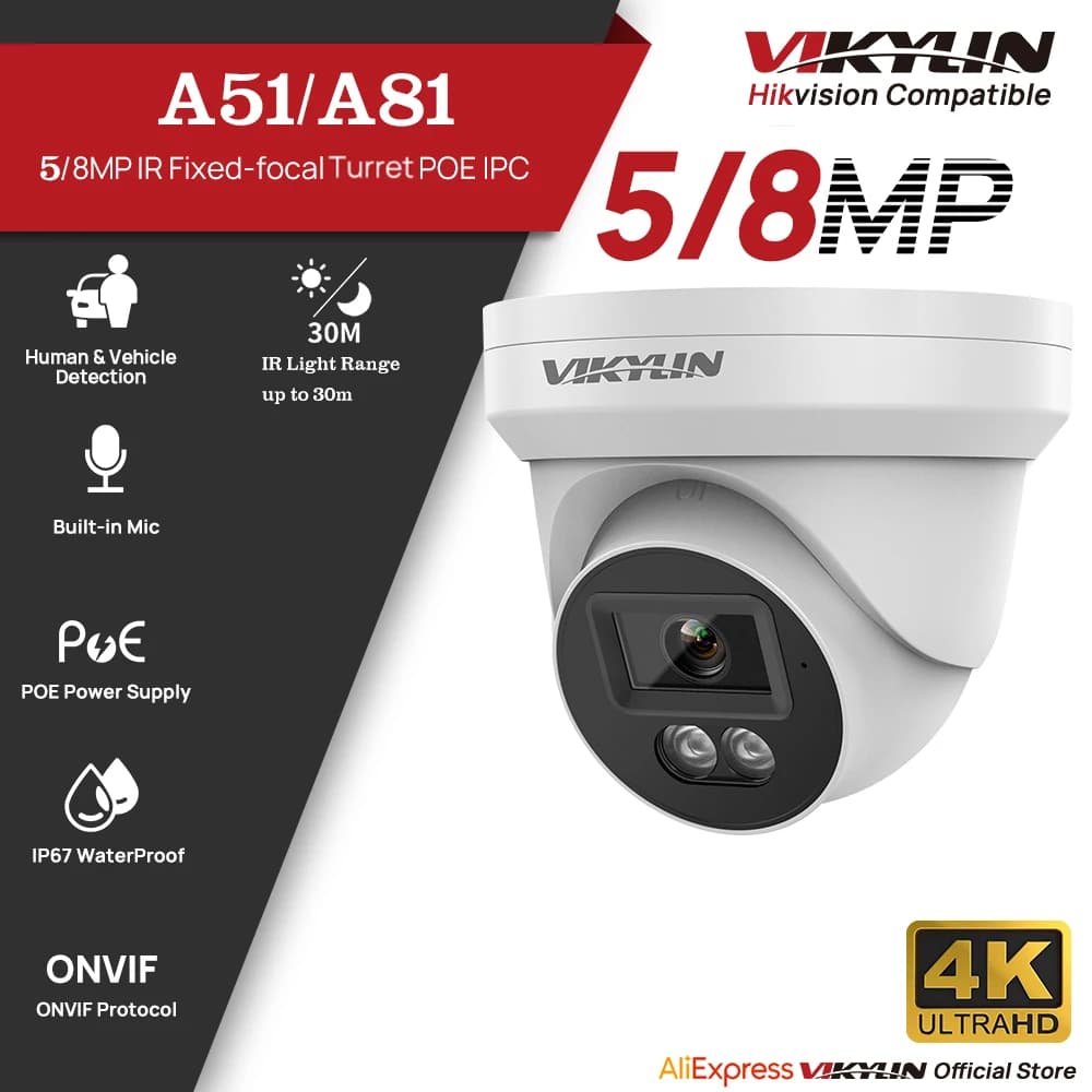 Telecamera di Sicurezza IP VIKYLIN 5/8MP HD PoE 4K con Luce IR e Audio, Rilevamento Umano e Veicolare, Supporto Archiviazione SD, ONVIF, IP67