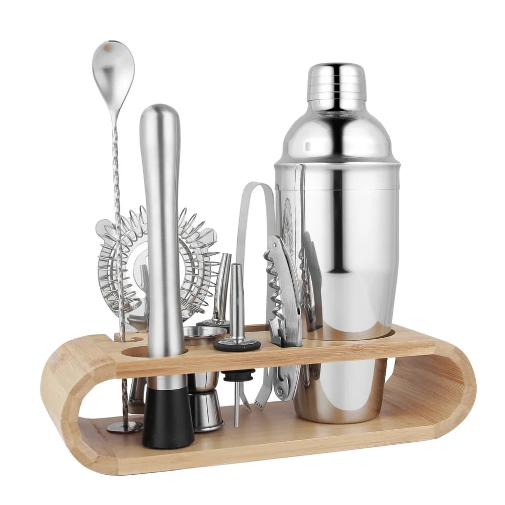 Set shaker per cocktail Strumenti da bar in acciaio inossidabile 304 con base in legno Kit di miscelazione completo Confezione regalo Accessori da bar