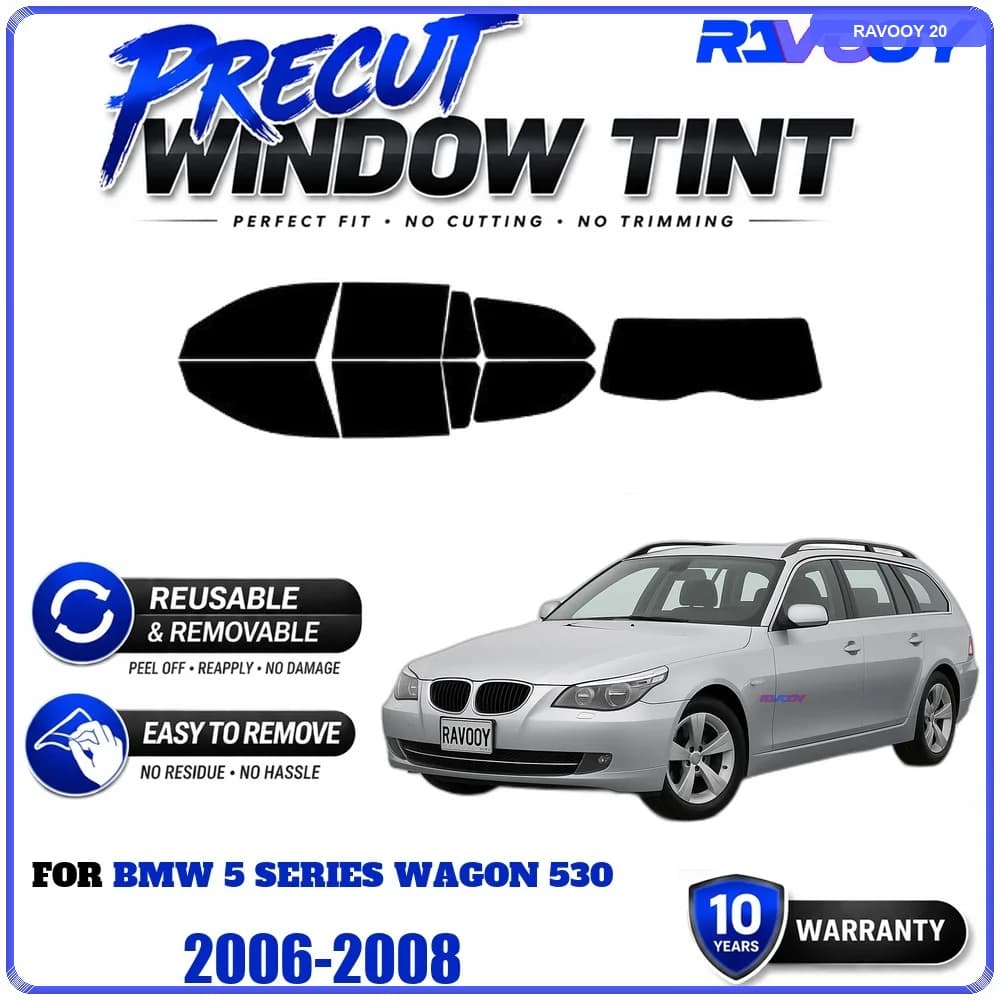 RAVOOY Precut Window Tint, Reusable Removable EPU Film, Custom Fit for Bmw 5 Series Wagon 530 2006-2008, UV Heat Protection