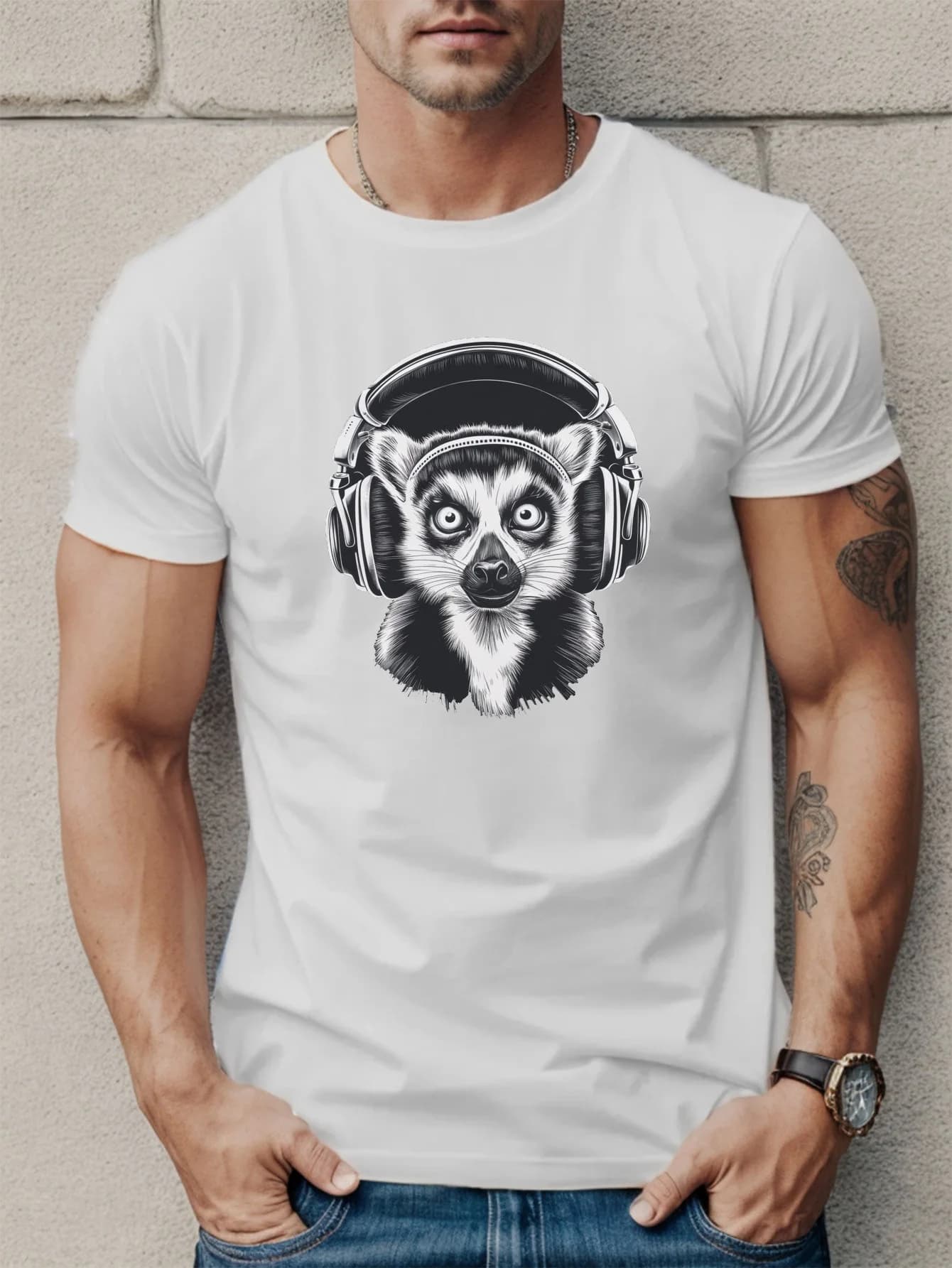 T-shirt grafica T-shirt casual da uomo a maniche corte con design unico di cuffie Lemur, cotone traspirante, girocollo estivo