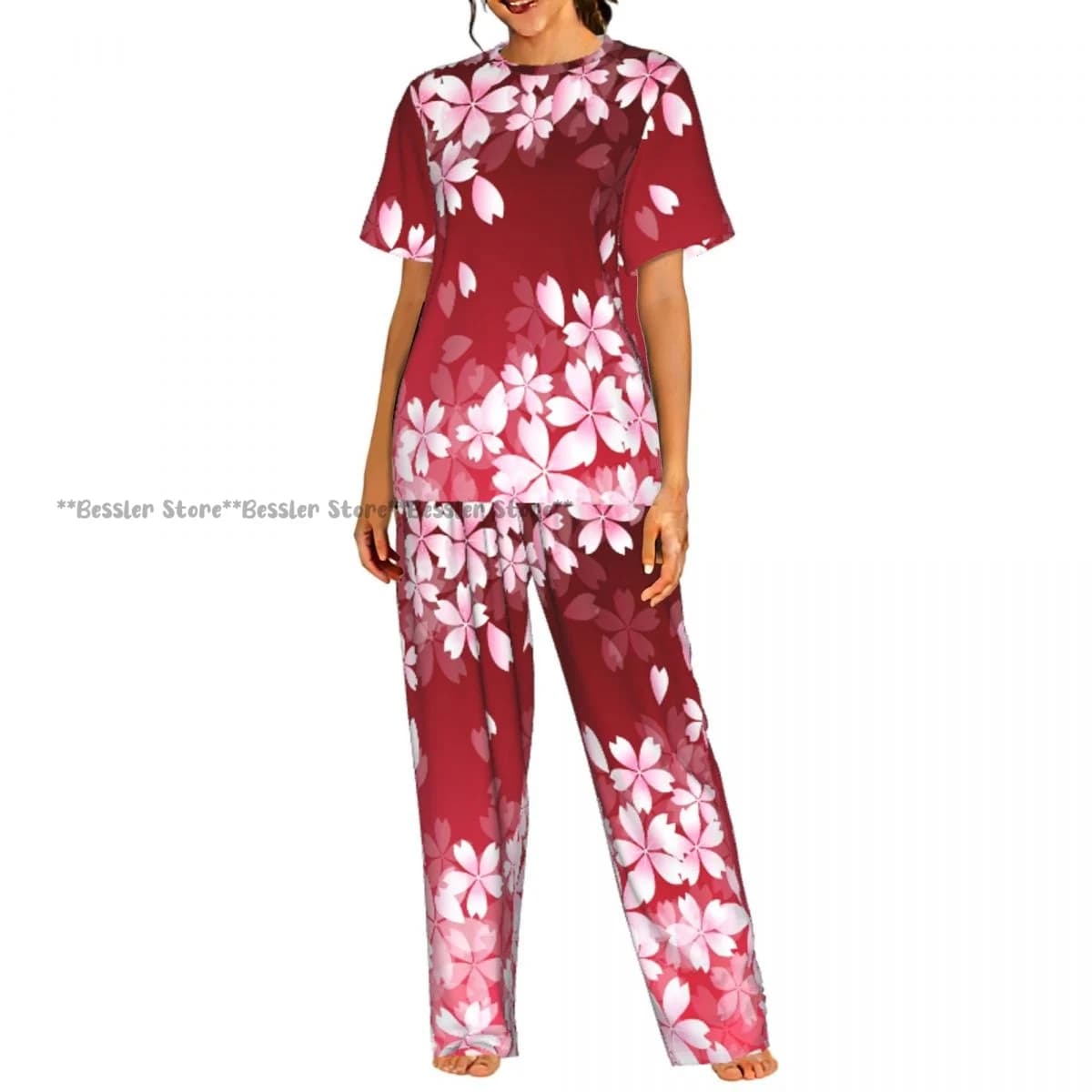 Women's set in 2 pieces, Cherry Spring Flower pajamas, short sleeved top and pants, nightwear