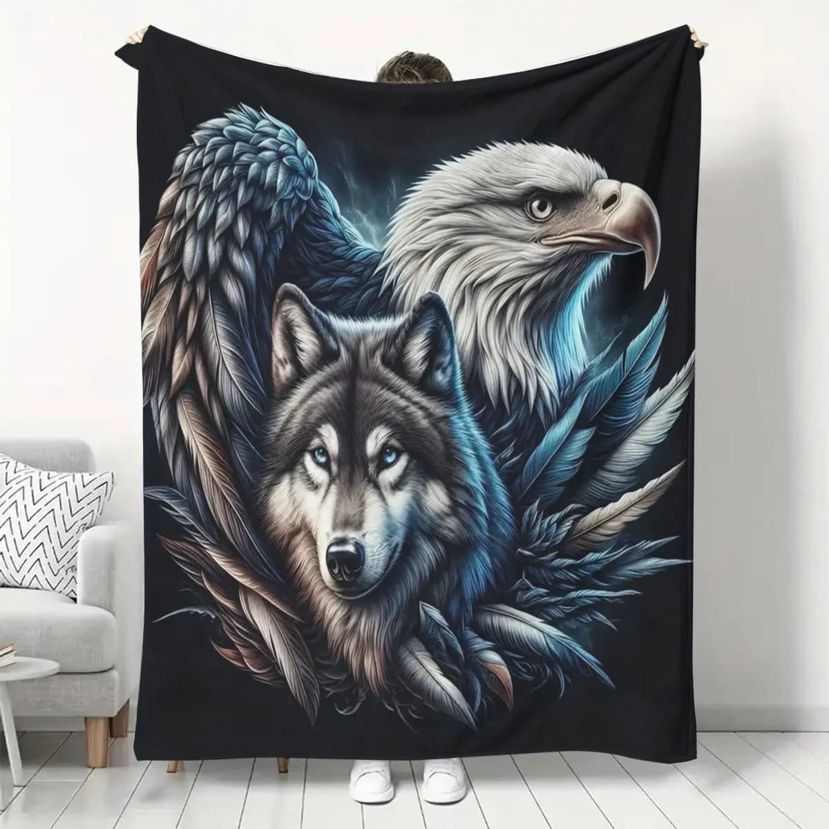 Majestic Grey Wolf And Bald Eagle With Feather Wild Animal Pattern Flannel Blanket Warm Cozy Printed Throw Blanket