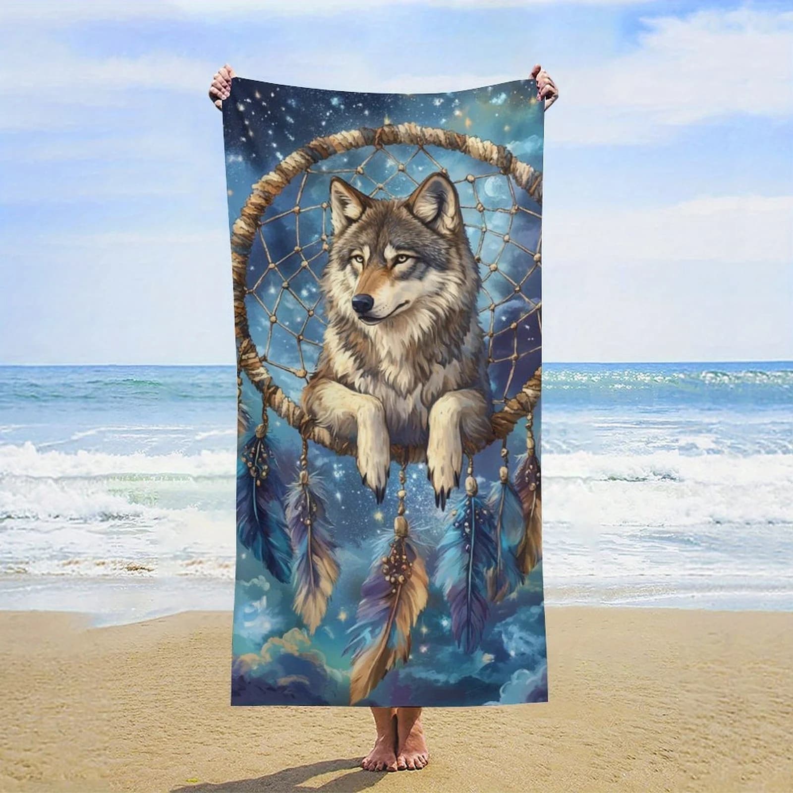 Large Wolf Dreamcatcher Beach Towel - Super Absorbent, Quick-Dry, Lightweight Microfiber Bath & Sport Towel with Vibrant Wolf