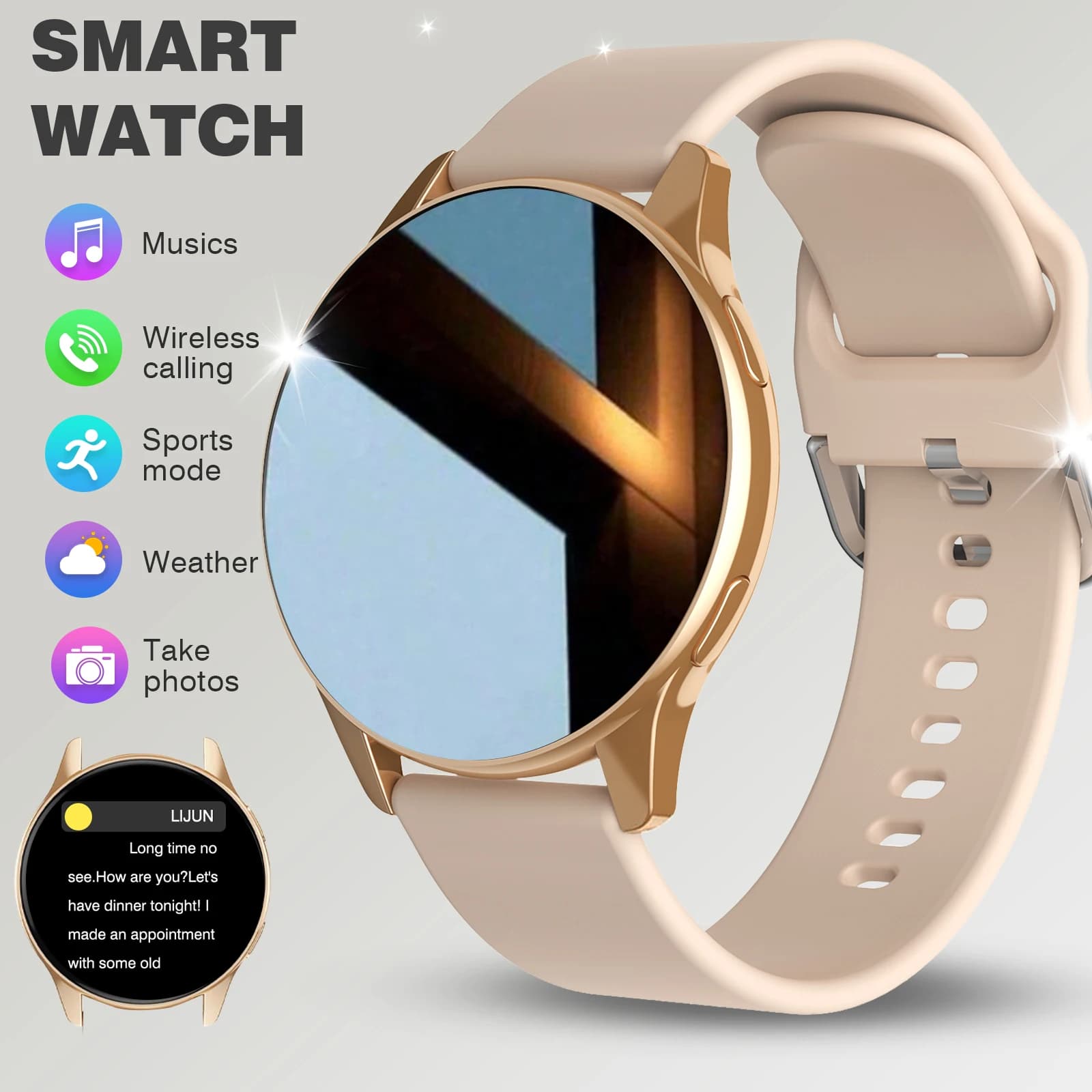 Smartwatch, Chiamate/Diallatura wireless, Modalità multi-sport, Visualizzazione dell'avviso messaggio, Carta da parati personalizzata, Monitor fitness, Wi compatibile