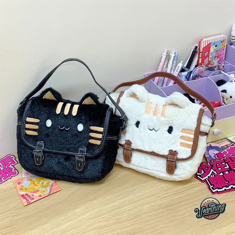 Borsa a Tracolla da Donna con Simpatico Volto di Gatto in Peluche, Borsa a Mano Cartoon Carina e Bella
