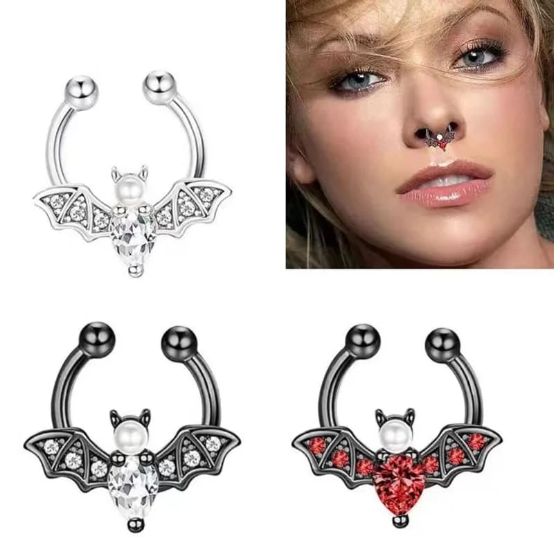 EVISPOL Simpatici anelli per setto finto pipistrello di Halloween Cerchi per anello al naso con clip non forati in acciaio inossidabile 316L con zirconi per donne e uomini
