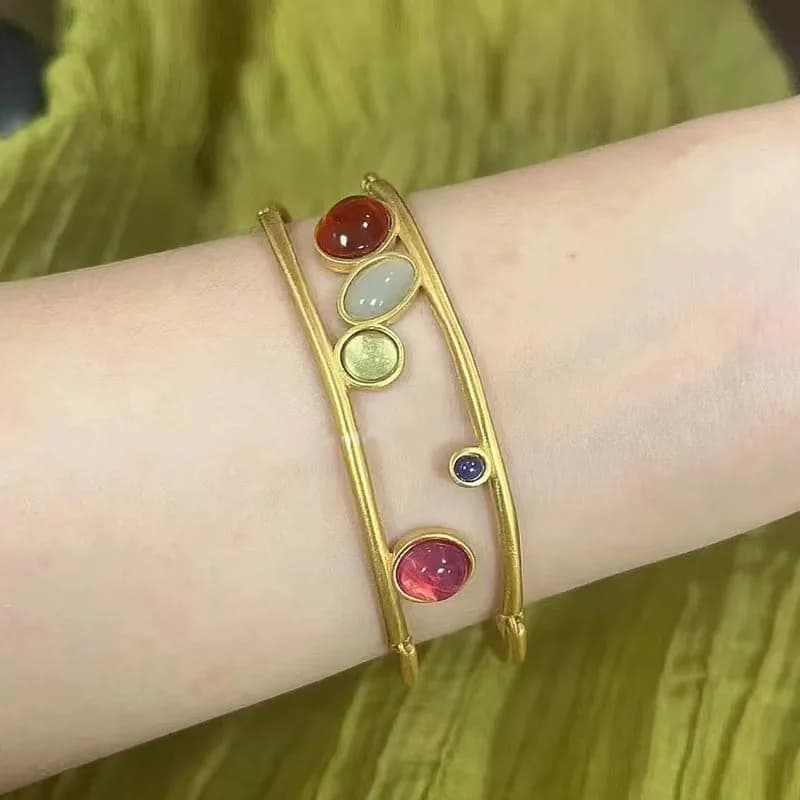 European and American Retro Colored Rhinestone Geometric Hollow Wide Bracelet Women Temperament Fashion Jewelry