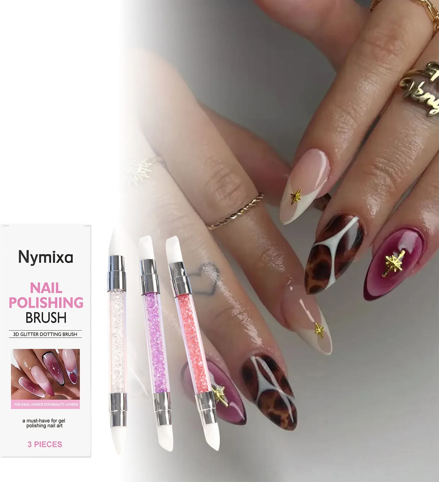 Nymixa Set di 3 Penne in Silicone a Doppia Punta per Nail Art, Strumenti per Glitter, Disegno 3D, Modellazione e Pittura per Manicure Gel Fai-da-Te
