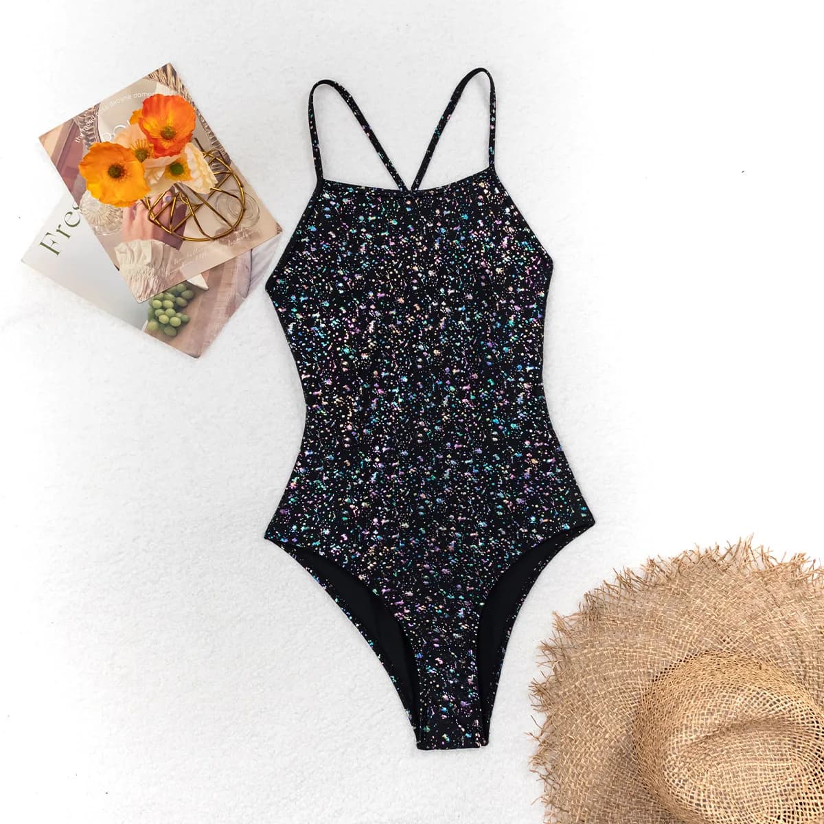 Costume da bagno intero da donna di alta gamma, stampato, professionale, con bretelle, senza schienale, sexy, per il nuoto competitivo
