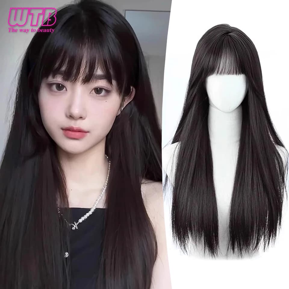 WTB Synthetic wig for long, smooth brown black hair from 65 cm Synthetic wig for long, smooth natural hair with fringe