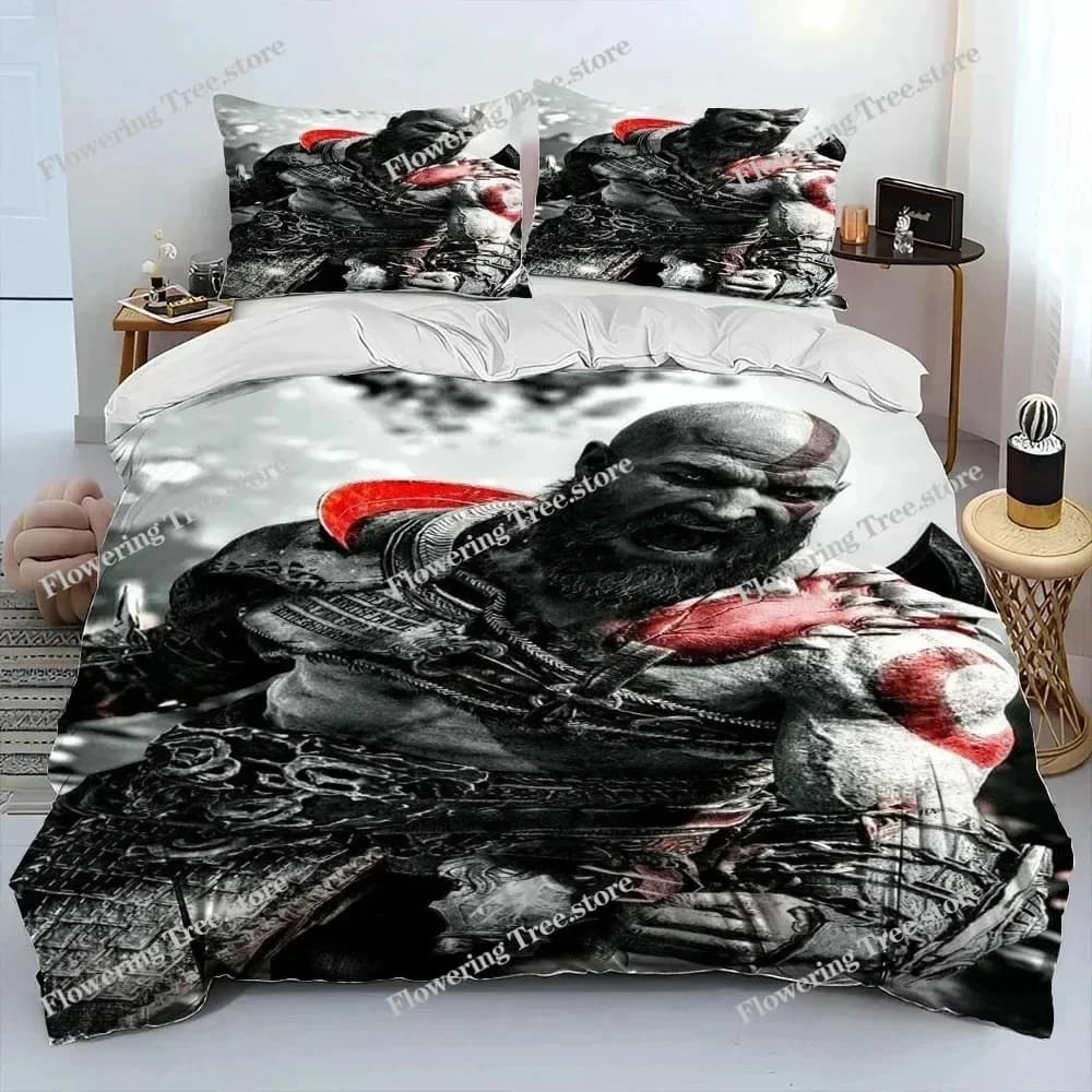 Set di Biancheria da Letto God of War Kratos, Copripiumino, Set Completo con Federe, Coperta, Misura King e Queen per Ragazzi e Adulti