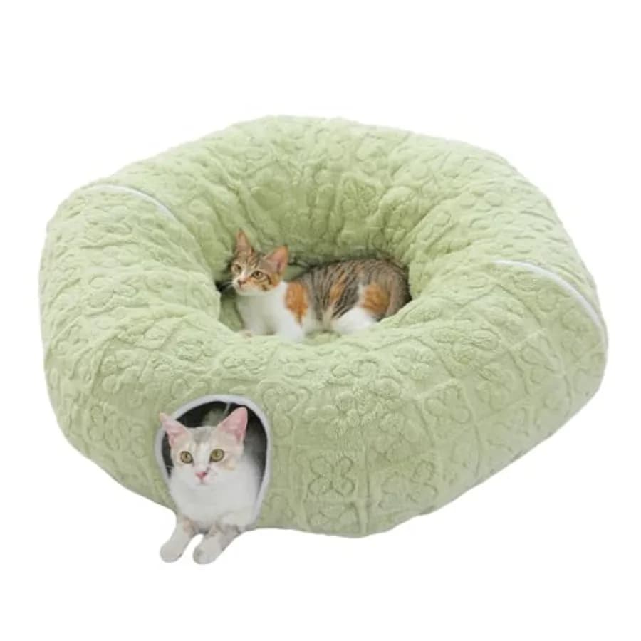 Tunnel per Gatti con Letto per Gatti da Interno, Giocattolo a Tubo Rotondo con Tappetino Morbido Lavabile, Tunnel Verde per Gattini, Cuccioli e Conigli